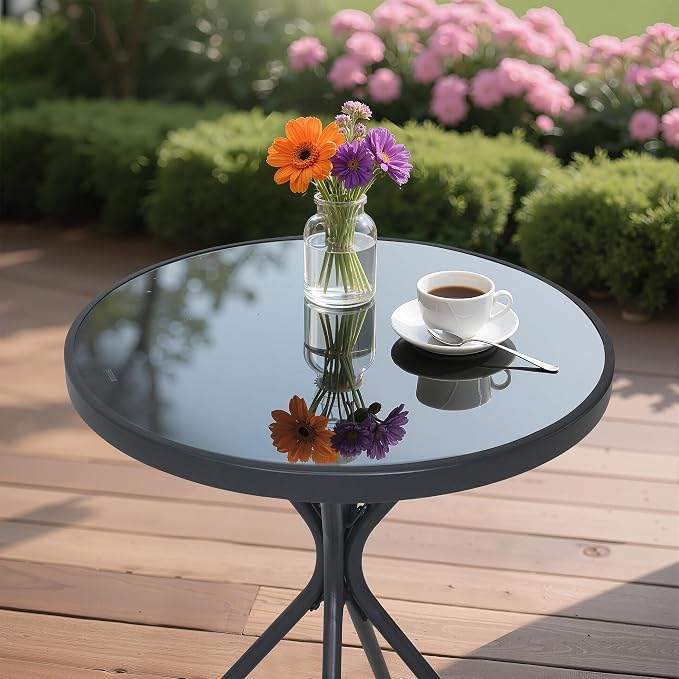 Outdoor Round Coffee Side Table,Tempered Glass Tabletop,All-Weather Bistro Table,Suitable for Terraces, Gardens, Bedrooms and Courtyards.
