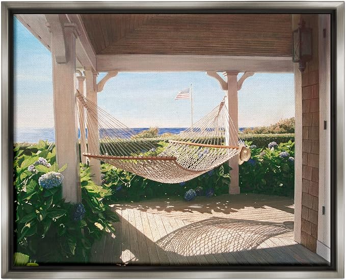 'Tranquil Hammock Warm Sunlit Porch Rural'| Floating Frame Canvas Art | Stupell Industries | Gray, 31 x 25 Inches, Easy to Hang and Sturdy, Made in USA, by Tom Mielko
