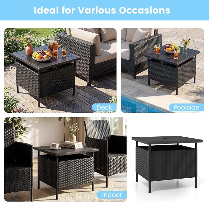 HAPPYGRILL Patio Umbrella Table Stand, Rattan Outdoor Side Table with Umbrella Hole, PE Wicker Frame, for Patio Garden Deck Poolside (Black)