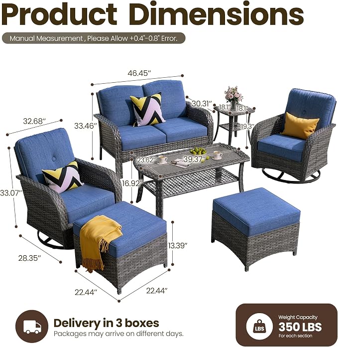 7 Piece Wicker Patio Furniture Set with Swivel Rocker Chairs, Blue | High Back Rocking Chair Sofa, Heavy Duty All Weather Rattan Outdoor Conversation Set, Thick Cushion, Balcony Porch Backyard