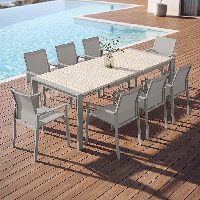 9-Piece Expandable Outdoor Dining Set, 85"-107" Aluminum Extendable Patio Table and Chairs Set for 6-10 Person, Patio Furniture Set with Stackable Textilene Chairs for Yard, Deck and Poolside