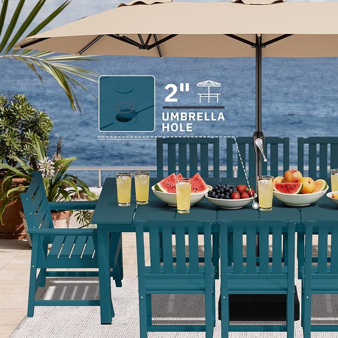 AreShark 7-Piece Outdoor Dining Set,HDPE Patio Table with 6 Chairs,All-Weather Patio Furniture Set with Umbrella Hole,Low Maintenance Wood Grain Dining Set for Backyard,Garden,Poolside,Navy Blue