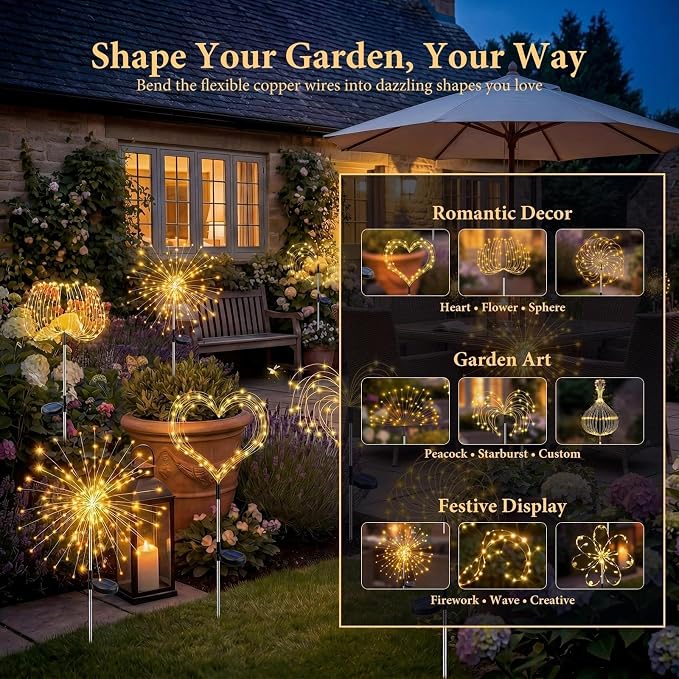 Solar Firework Lights Outdoor 4 Pack, 120LED Solar Starburst Garden Lights with 8 Modes,Waterproof Decorative Fairy Light for Backyard, Garden, Patio & Lawn Landscape Decor