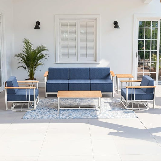 Luxury Outdoor Furniture Set with Swivel Chairs, 5 PCS Patio Furniture Set with 6" Extra Thick Cushions, Suitable for Porch, Balcony, Deck, Patio, Yard, Poolside, White/Blue