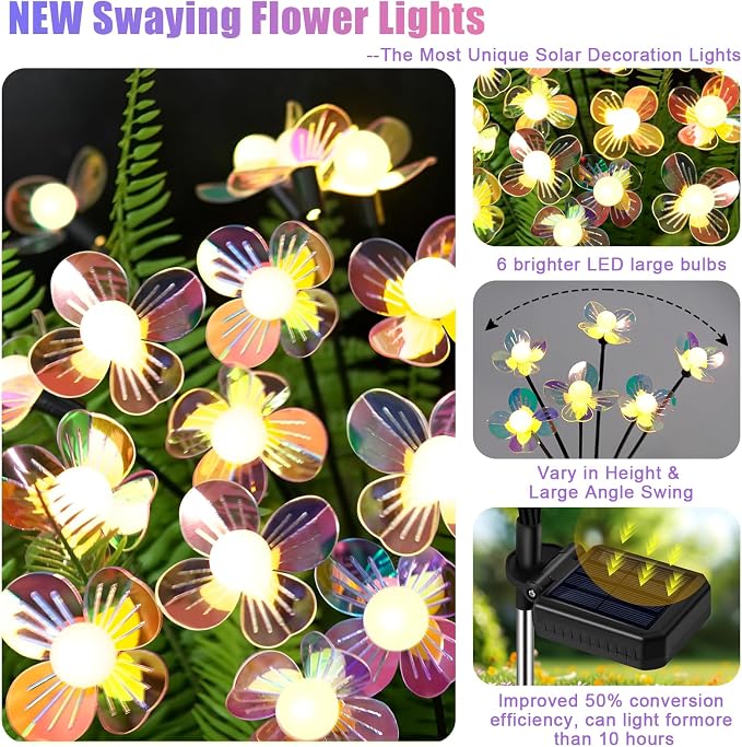 Solar Garden Lights Flowers 4 Pack of 24 LEDs Swaying Firefly Garden Decor | Swaying Flowers Solar Lights Outdoor for Yard Pathway Patio, Swaying Lawn Decor as Gardening Gifts for Women Christmas decor