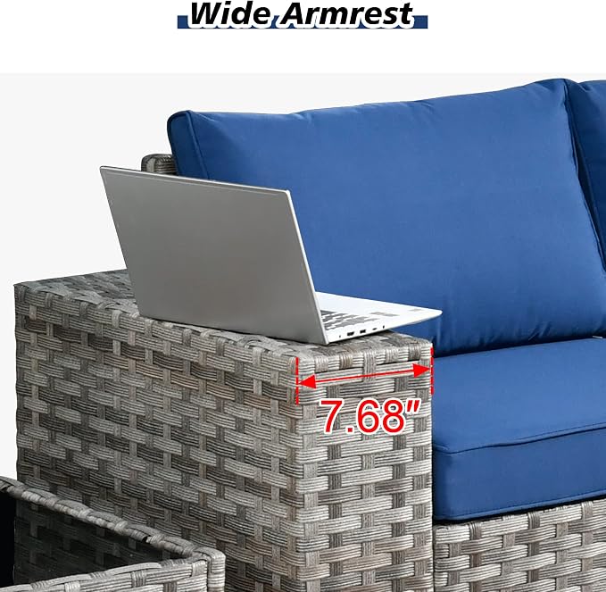 HOOOWOOO Outdoor Patio Sectional Furniture Sofa Set with Widened Armrest,6 Piece Small Modern Wicker Couch,Modular L Shaped Conversation Seating Set with Table for Out Door Garden Corner(Navy Blue)