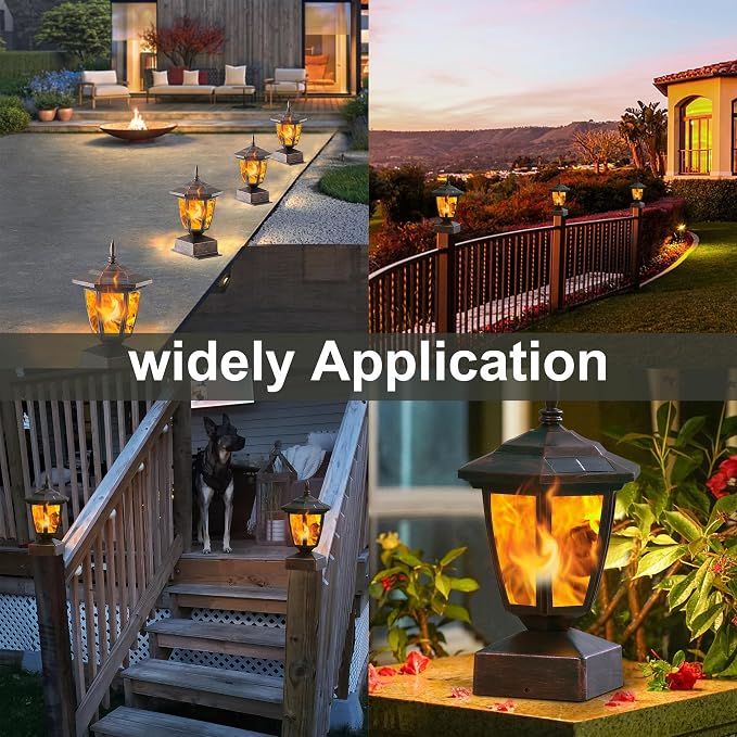 Dynaming 4 Pack Solar Flame Post Lights Outdoor, Solar Powered Lamps Fence Post Cap Lights, Flickering Flame LED Lantern Waterproof for Garden Deck Patio, Fit 4x4, 5x5 or 6x6 Wooden Posts, Bronze