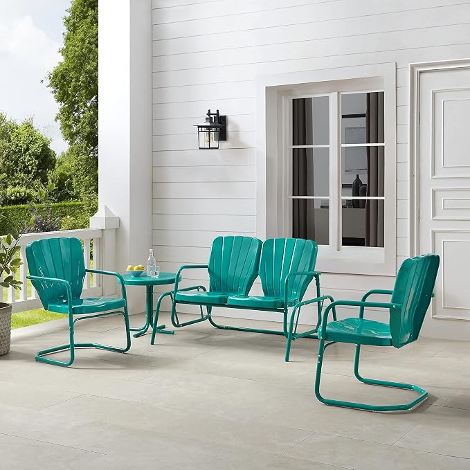 Crosley Furniture Ridgeland 4-Piece Retro Metal Outdoor Loveseat Glider Patio Furniture Set for Porch, Deck, Turquoise Gloss