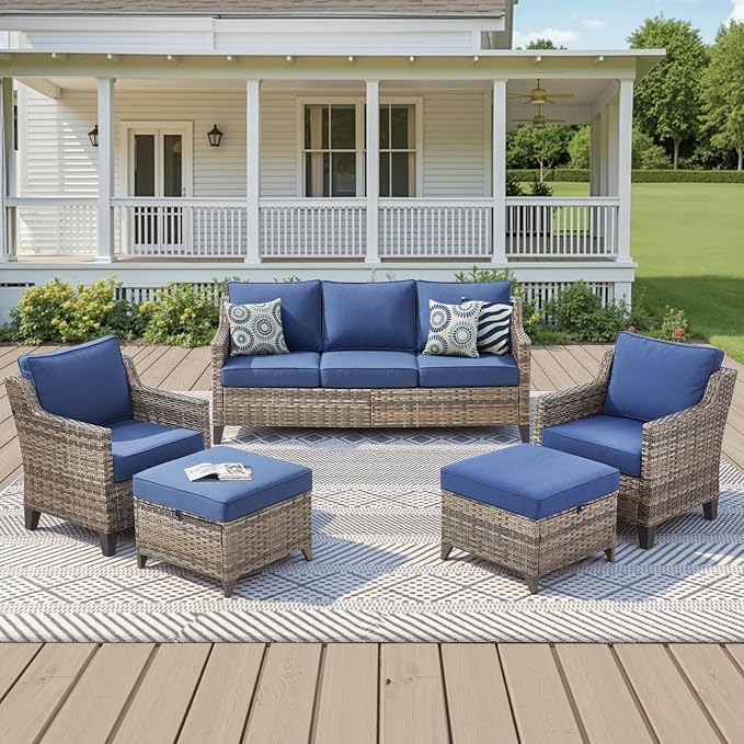 5 Pieces Wicker Patio Furniture Set-High Back Outdoor Wicker Couch Patio Chairs Set of 2 with Comfy Cushions Ottomans Patio Furniture Set for Backyard Porch Garden Deck Grey/Blue