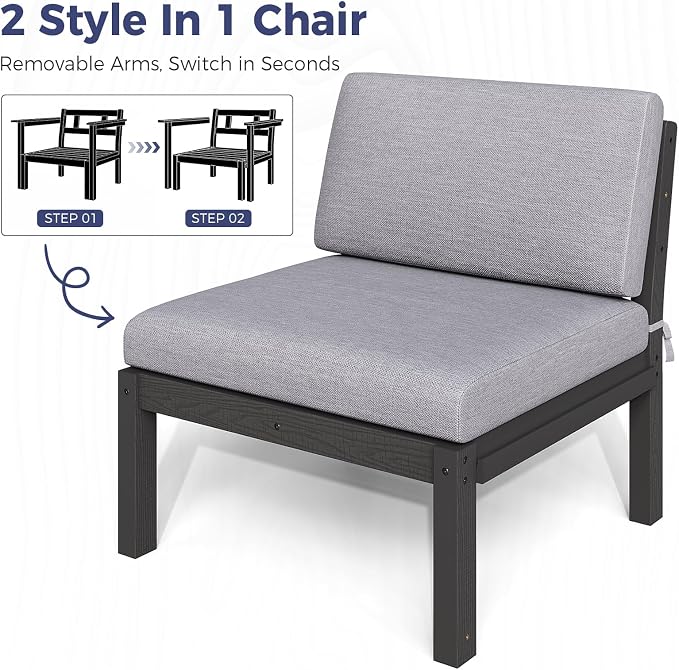 Modular Outdoor Patio Conversation Set, 3-Piece HIPS Chairs with Side Table & Thick Cushions– Side Interlock & Detachable Armrest, All-Weather Patio Furniture Set for Backyard, Deck, Poolside