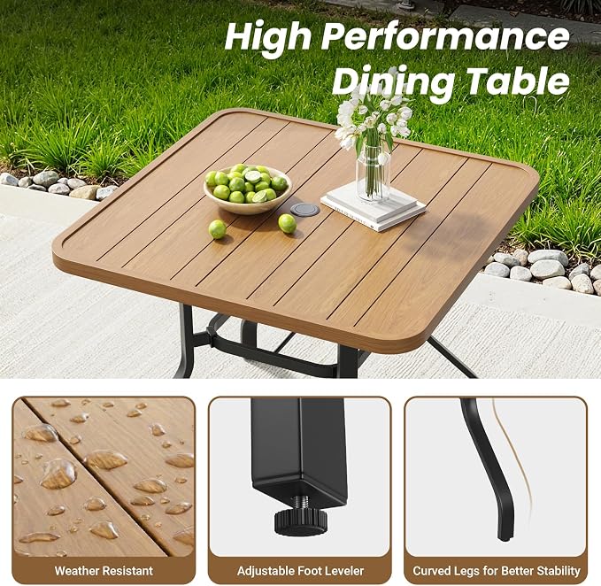 Soohow Outdoor Patio Dining Table with 1.57" Umbrella Hole, 35"x35" Wood-Like Texture, All-Weather Metal Frame for Poolside, Deck, Porch
