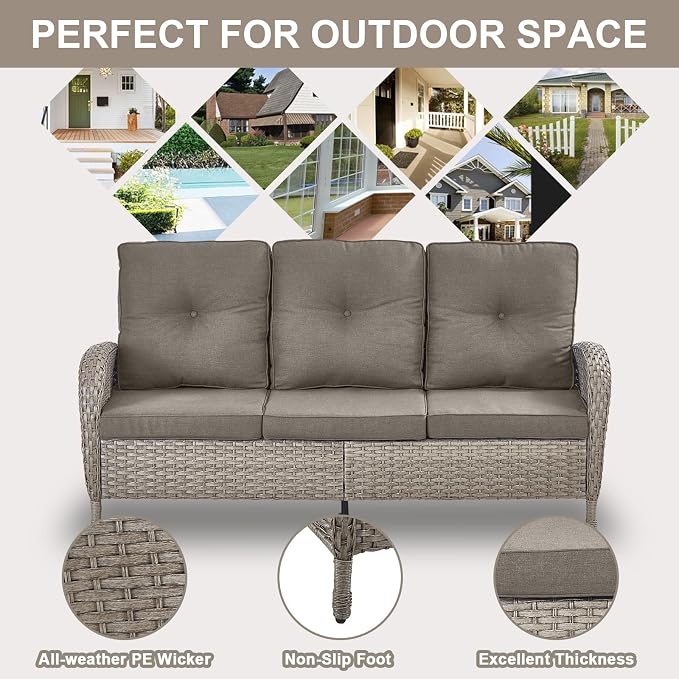 Belord Expansive 10 Pieces Outdoor Patio Furniture Set with 43” Propane Fire Pit Table, Patio Conversation Set with Swivel Rocker Outdoor Chairs Set of 4 and Sofa, Ottoman and Wicker Side Table Gray