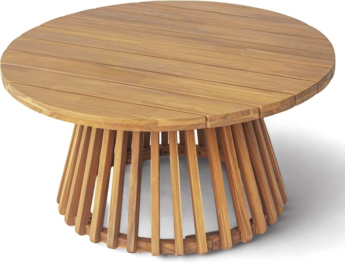 Wood Outdoor Round Coffee Table, Weather-Resistant Patio Table with Striped Base, for Garden, Deck, and Backyard, Brown