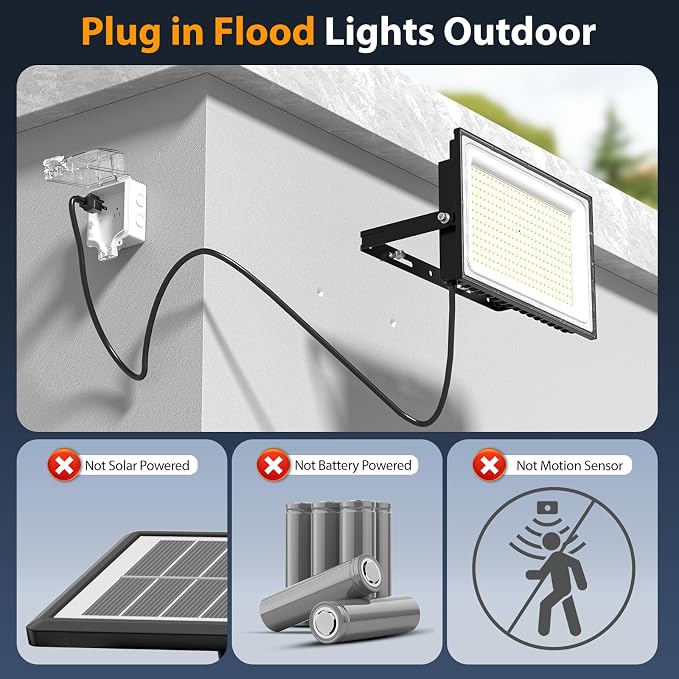 Onforu 300W Flood Lights Outdoor,30000lm Bright LED Work Light with Plug,Daylight White LED Stadium Lighrs,IP66 Waterproof Security Yard Lights for Yard Garage Stadium 2 Pack
