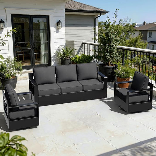 Outdoor Aluminum Furniture Set, 3-Piece Patio Conversation Set, 2 Swivel Chairs and 1 Sofa, All-Weather Metal Frame, 6" Thick Removable Cushions, Deep Setting for Garden, Poolside and Porch