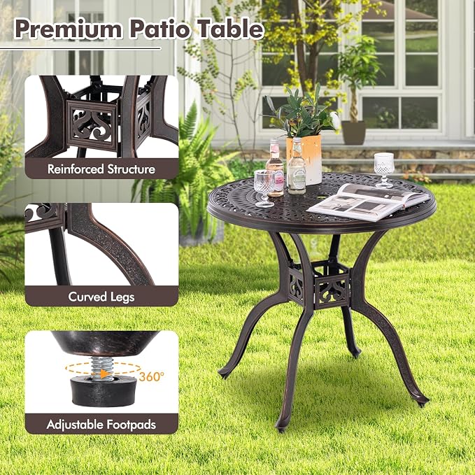 Giantex 31.5" Patio Bistro Table, Cast Aluminum Table Side Table with 2" Umbrella Hole & Adjustable Footpads, All-Weather Metal Outdoor Round Dining Table for Porch, Backyard