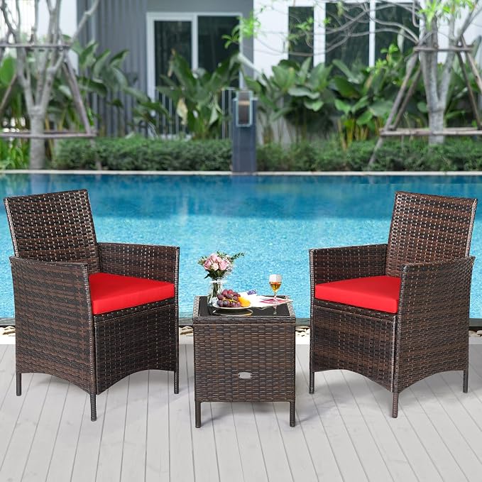 COSTWAY 3 Pieces Patio Rattan Furniture Set, Outdoor Wicker Cushioned Sofa with Tempered Glass Tabletop, Rattan Conversation Set for Porch Yard Balcony Backyard Pool, Red