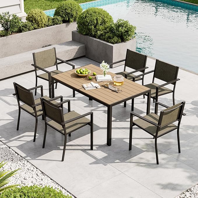 Aoxun 8-Piece Patio Table and Chairs Set & 15ft Patio Umbrella for 6, All Weather Outdoor Dining Set with 6 Textilene Chairs and 1 Rectangular Metal Table for Backyard, Garden, Brown/Blue