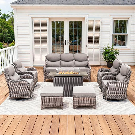 Luxury Patio Furniture Set with 42.5" Fire Pit Table, 8 Pieces High Back All Weather Wicker Outdoor Furniture w/ 6-Inch Thick Cushions, Patio Swivel Chairs Couch for Deck Balcony Backyard Brown/Grey
