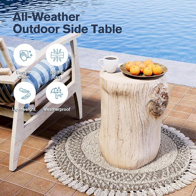 HOMPUS Concrete Outdoor Side Table Tree Stump Modern Round Coffee Table Accent Table Plant Stand Faux Wood End Table Garden Stool for Patio,Home Decor, Living Room(White)