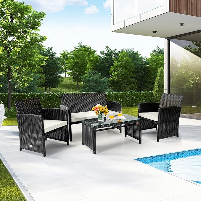 Tangkula 8 Pieces Rattan Furniture Set, Outdoor Conversation Set w/Chair & Loveseat & Tempered Glass Coffee Table, Suitable for Garden, Backyard, Poolside, Patio Furniture Set for 8 (2, White)