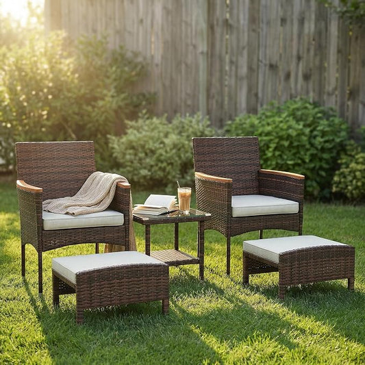 5Pcs Patio Furniture Sets Rattan Patio Chair Set of 5 Outdoor with Coffee Glass Table & Ottoman for Yard Backyard Lawn Porch Poolside Balcony (Brown and Khaki)