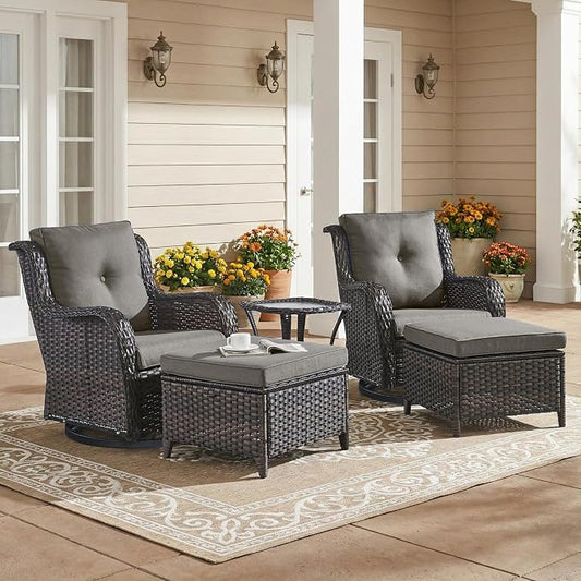 Outdoor Patio Furniture Set-5 Piece Outdoor Swivel Rocker Chairs with Ottomans Patio Furniture Set for Deck Balcony Poolside Backyard-Brown/Grey