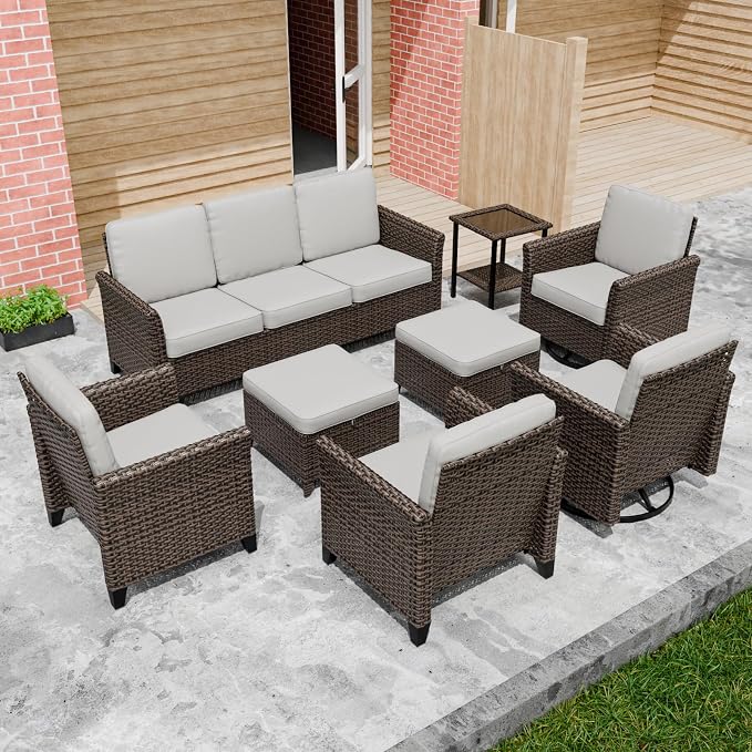 COOS BAY Harbor Retreat 8 Piece Outdoor Furniture Set, Patio Conversation Set with Swivel Rocking Chairs, Patio Chairs, Couch, Side Table and Ottomans, Wicker Furniture, Brown/Beige
