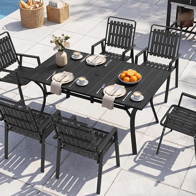 63'' Outdoor Dining Table for 6, Black Metal Patio Dining Table with 1.97'' Umbrella Hole,Anti-Rust Waterproof Square Table for Porch Deck Poolside Garden Backyard