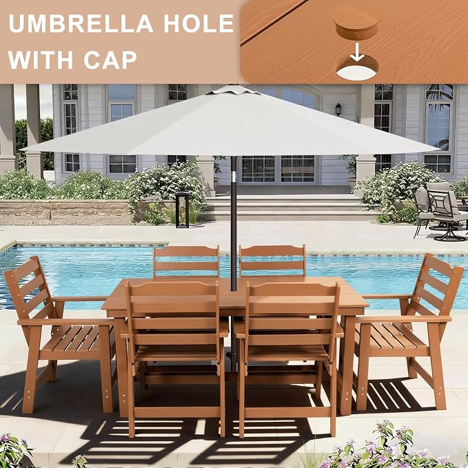 FUNBERRY Outdoor Dining Set, HDPE 7 Piece Dining Table Set with Chairs | 2" Umbrella Hole Table, Wood-Grain, HDPE All Weather, No Rot or Rust or Crack, UV Fade Shield, Easy-Clean for Outside