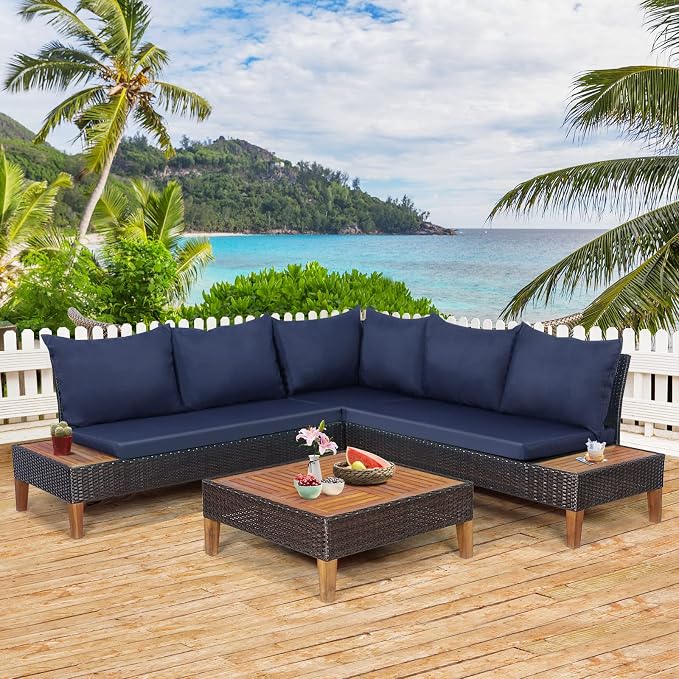 Tangkula 4 Pieces Acacia Wood Patio Furniture Set, Patiojoy L Shaped Wicker Corner Sectional Sofa Set with Thick Cushions, Coffee Table, for Backyard, Garden, Poolside and Deck (Navy Blue)