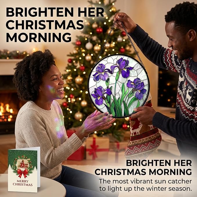 Birthday Gifts for Women - Purple Iris Faux Stained Glass Window Hanging Sun Catcher for Door Garden Acrylic Flower Decor Mother's Day Christmas for Mom Nana Friend Grandma Wife 9.8"