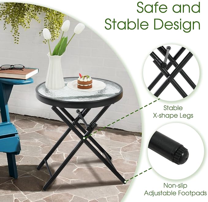 HOMEFUN Outdoor Side Tables - Folding Patio End Table with Tempered Glass Tabletop, Portable Bistro Coffee for Porch Yard, Balcony, Garden, Deck, Poolside, Transparent Glass