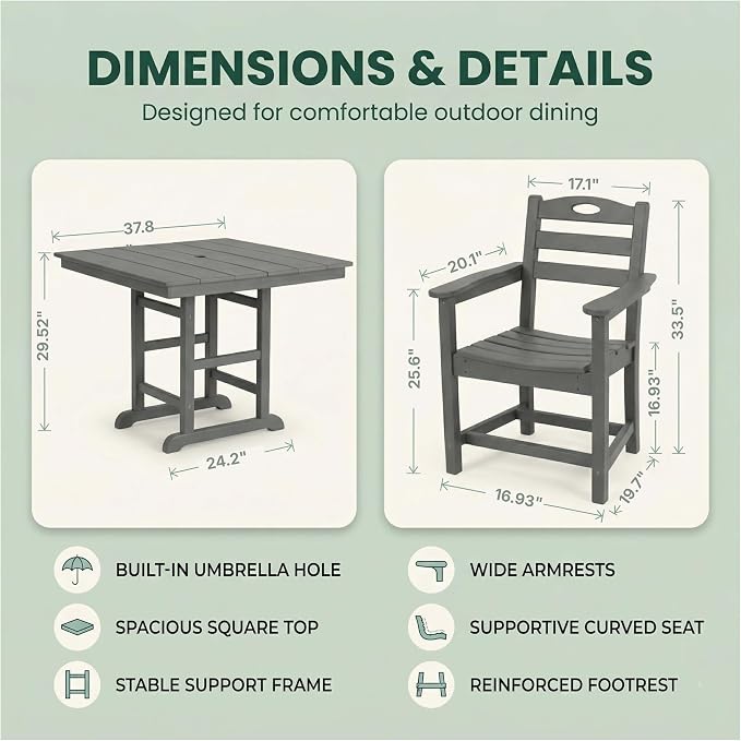 WILLIAMSPACE 37.8" Outdoor Patio Dining Set with 2 Armchairs, All Weather HDPE Square Dining Table with Umbrella Hole, Patio 3-Piece Bistro Set for Backyard, Balcony, Lawn, Kitchen (Grey)