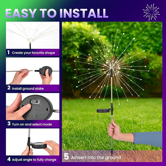 PEVOROS Solar Firework Garden Lights Outdoor, Purple/Yellow/Green, 6 Pack | 120 LEDs, Waterproof, Fairy Garden Decor, Auto On/Off, Solar Powered, for Yard, Patio, Porch, Flower Pot, Pathway
