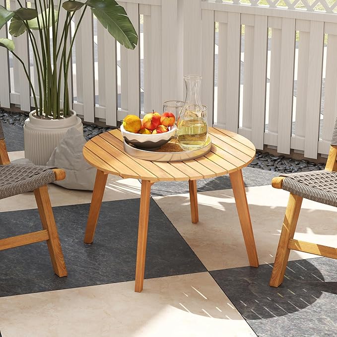 HAPPYGRILL Acacia Wood Patio Bistro Side Table, Outdoor Round End Table with Slatted Tabletop, for Backyard Poolside Garden, 24.5 Inch (2)