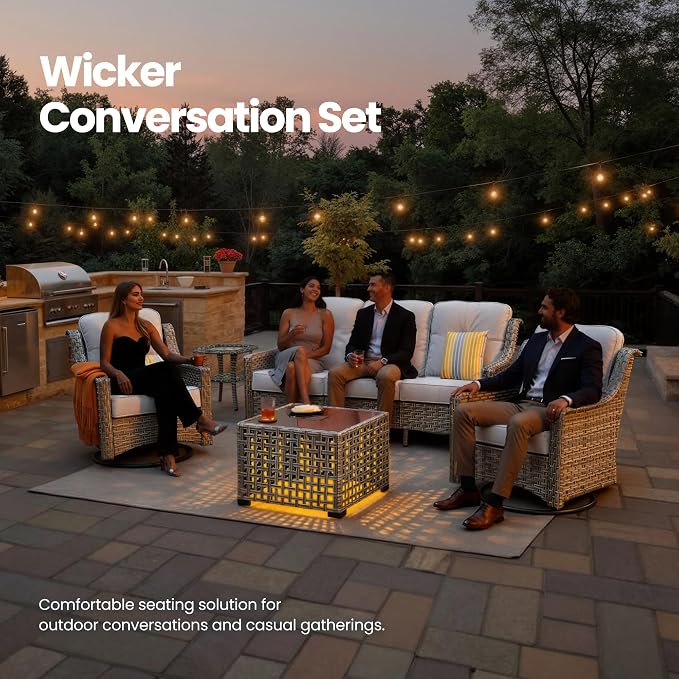 5 PCS Patio Conversation Set, All-Weather Rattan Wicker Outdoor Patio Furniture Sets with High Back Swivel Rocker Chair, Solar Light Coffee Table for Porch,Backyard,Balcony,Light Grey
