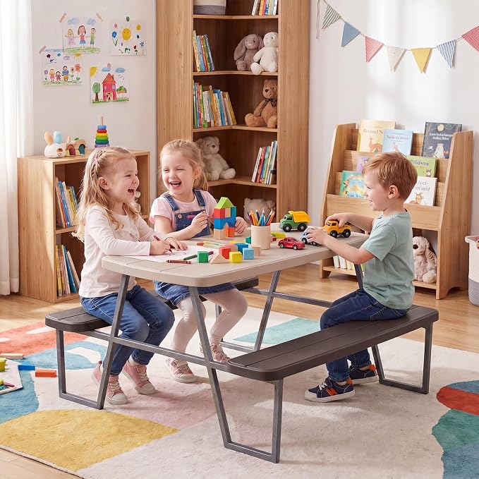 KOTEK Kids Picnic Table with Umbrella, Toddler Outdoor Table and Bench Set, Easy to Clean, HDPE Top & Metal Frame, 660LBS Capacity, Kids Patio Furniture for Backyard Park Garden (Coffee)