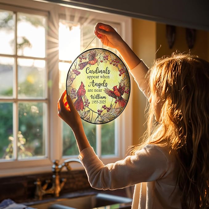 Personalized Cardinal Memorial Photo Suncatcher – “Forever in Our Hearts” Christmas Ornament – in Loving Memory Gift for Mom or Grandma from Family – Stained Glass Window Hanging Keepsake