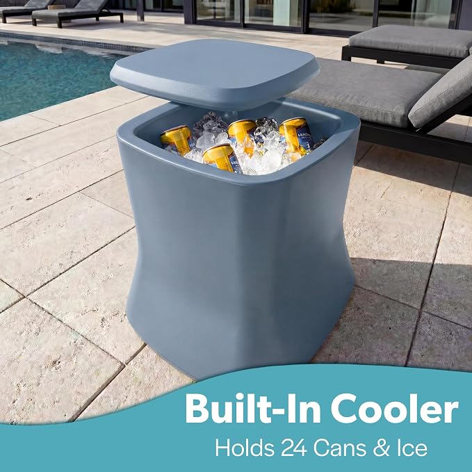 Coast Modern Outdoor Side Table Cooler- 2 in 1 Patio Decor Storage Table & Ice Chest - 25 QT - White, Gray, Sand, Stone Blue, Black