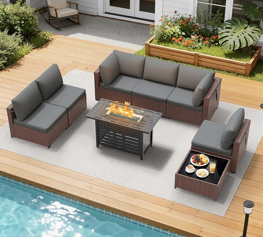 LOUVIXA 8 Piece Outdoor Patio Furniture Set, Outdoor Sectional Sofa with Firepit Table, Wicker Rattan Patio Furniture, Patio Conversation Set with Coffee Table & Cushions