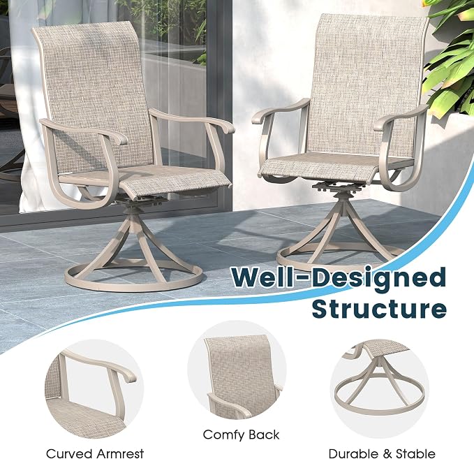 7 Pieces Patio Furniture Dining Set, 6 Textilene Swivel Dining Chairs, 53" Outdoor Round Metal Table with 1.57" Umbrella Hole, Outdoor Dining Set for Porch, Lawn, Garden, Sand/Sand