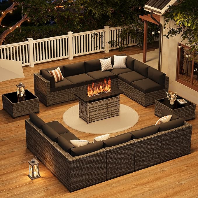 LazySunsets 15-Piece Patio Furniture Set with 44" Fire Pit Table, Wicker Outdoor Furniture, Patio Conversation Sets with Coffee Table, Outdoor Sectional Couch, Black