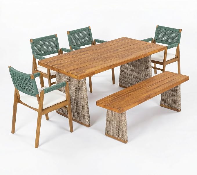 Christopher Knight Home 6-Piece Outdoor Dining Set, Acacia Wood Patio Table with Brown Wicker Bench and 4 Green Wicker Armchairs, Teak Finish, Beige Cushions, Backyard Garden Deck Furniture