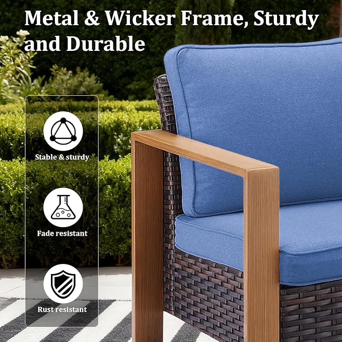 Patio Furniture Set with Fire Pit Table, 6-Piece Outdoor Wicker Sofa and Swivel Chairs, All-Weather Conversation Set for Backyard, Deck and Poolside Blue