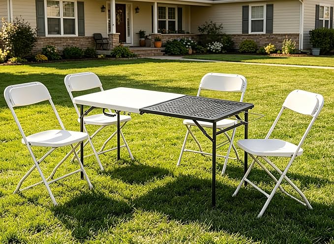 Folding Table and Chair Sets for Picnic Camping, 5ft Folding Table with 4 Pack Folding Chair Portable Outdoor Table and Chair Set Foldable Chair for Patio, Garden, Party, Wedding