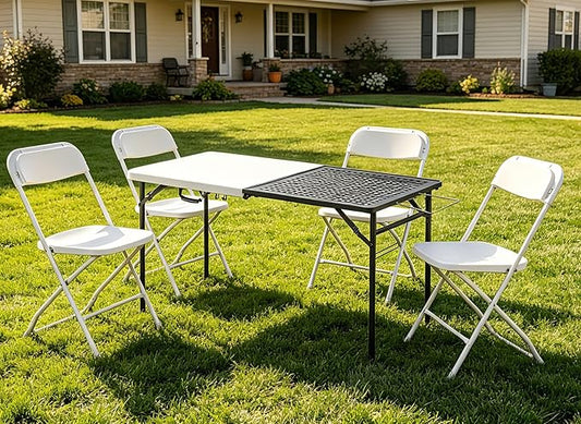 Folding Table and Chair Sets for Picnic Camping, 5ft Folding Table with 4 Pack Folding Chair Portable Outdoor Table and Chair Set Foldable Chair for Patio, Garden, Party, Wedding