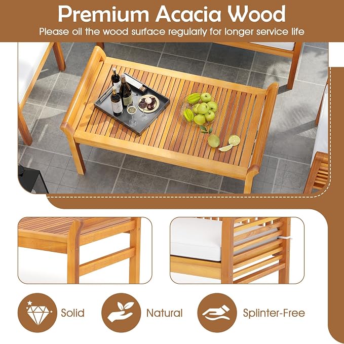 HAPPYGRILL 4 Pieces Acacia Wood Patio Conversation Set, Outdoor Wood Furniture Set with Seat Cushions, Wicker Sofa Chairs & Coffee Table for Garden Poolside Deck (1)