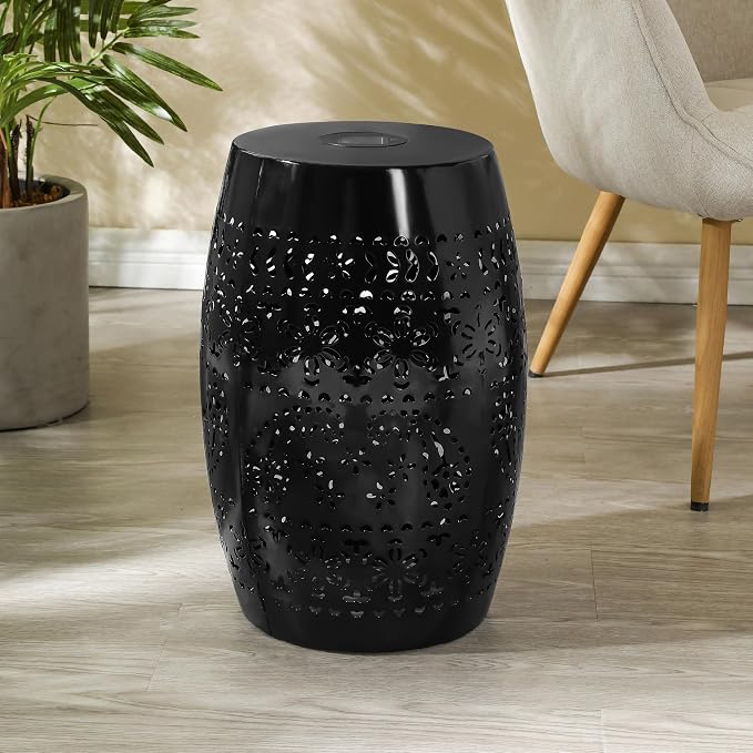 12" Outdoor Solar Side Table, Metal Cutout Drum Side Table, Coffee End Tables, Patio Garden Stool for Small Spaces, Living Room, Backyard, Poolside (1, Black + Solar)