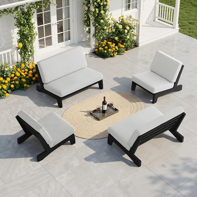 Pia Ricoo 4 Piece Patio Furniture Sets, Outdoor Furniture with 2 Chairs & Coffee Table, Patio Conversation Set for Backyard, Deck, Lawn, Beige, Dark Wood
